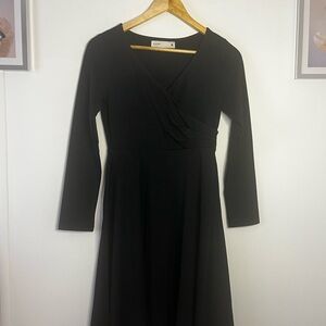 Black Long-Sleeve Faux-Wrap Midi Dress